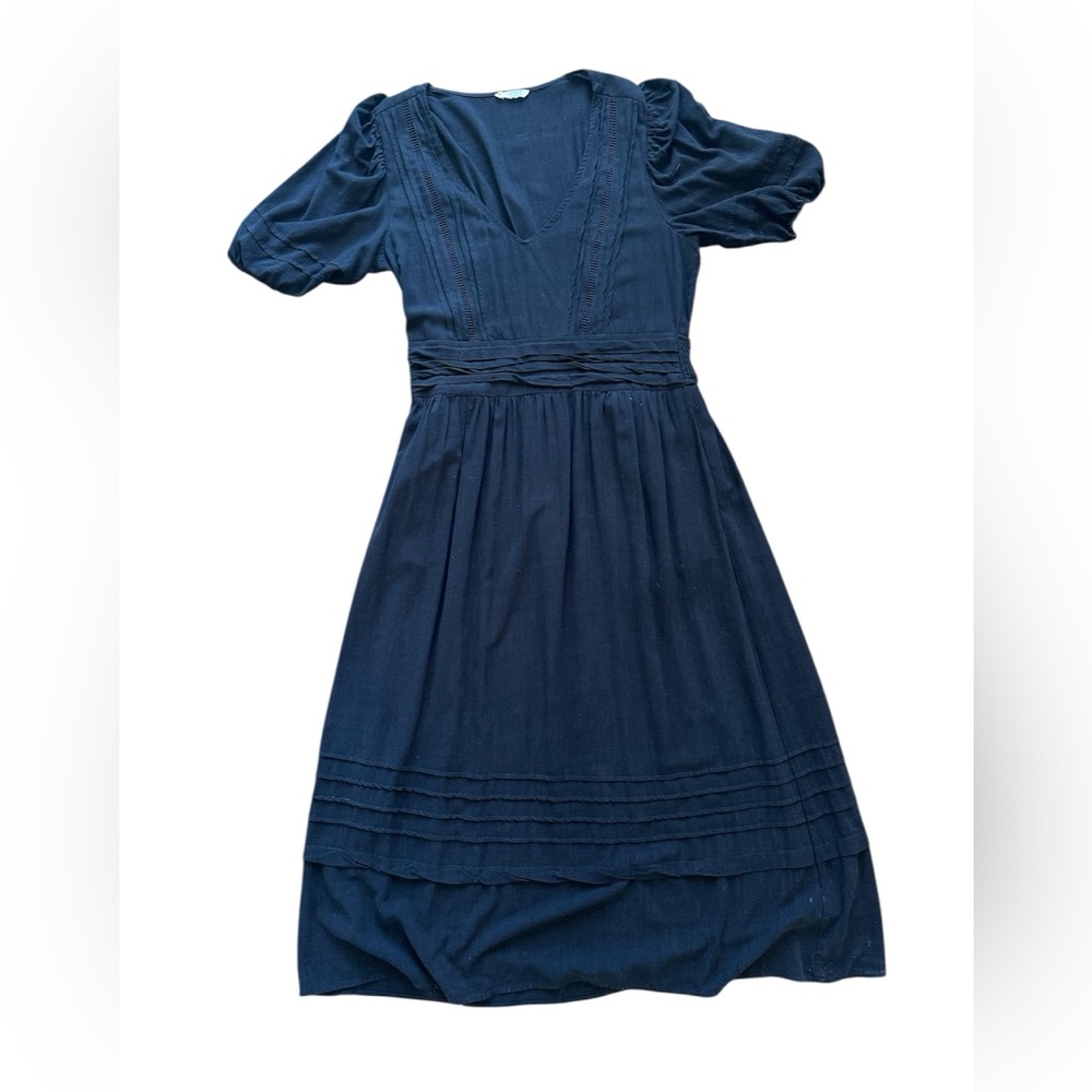 Black cotton midi dress with balloon short sleeves and gathered back